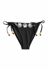 Musthave must tükk mustriga, millel on reguleeritavad küljesidemed, ning mille vööl on valge merikarbi tikand ja kollased helmed sidemetel.