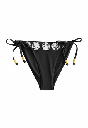 Black bikini bottom with adjustable side ties, featuring white shell embroidery along the waistband and yellow bead accents on the ties.