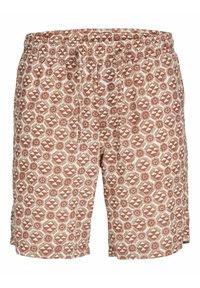 Shorts de bain à motif avec une taille élastique, présentant un design géométrique dans des couleurs brun-rouge et crème.