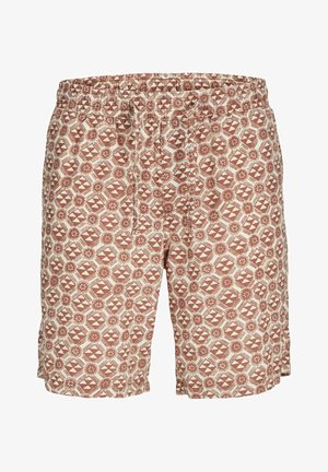 Costumi da bagno a pantaloncino con elastico in vita, caratterizzati da un design geometrico nei colori marrone rossiccio e crema.