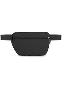 Sac à taille noir avec une poche zippée à l'avant et une sangle réglable, conçu pour transporter des petits objets sans les mains.