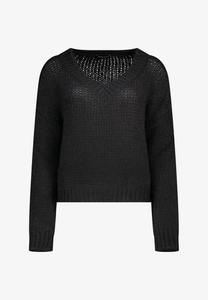 Zwarte gebreide V-hals trui met lange mouwen en een ietsLoose, gestructureerd openweefpatroon.