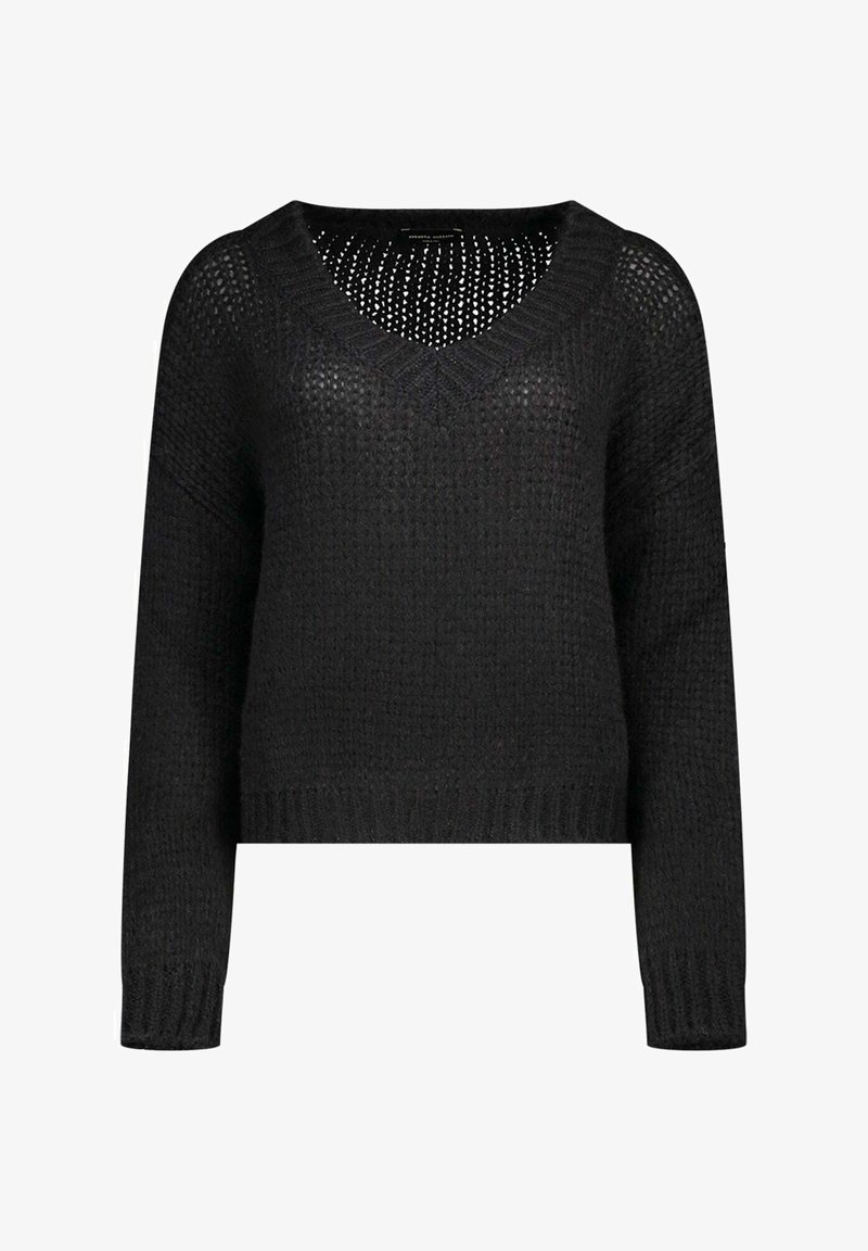 Maglione nero lavorato a maglia con scollo a V, maniche lunghe e un design a trama aperta leggermente morbido.