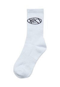 Weiße Crew-Socke aus einer Baumwollmischung. Verfügt über eine gerippte Textur und ein schwarzes, auf der Seite eingesticktes Logo.