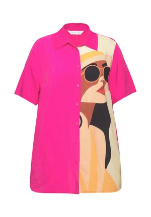 Short-sleeve, button-up shirt in bright pink with a large graphic print of a woman in sunglasses, featuring soft fabric and contrasting colors.