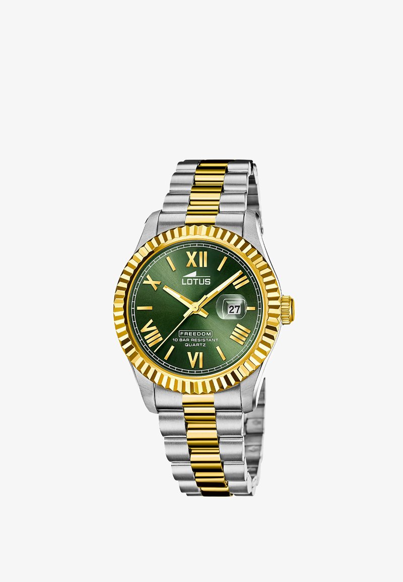 Lotus-Uhr mit rundem grünem Zifferblatt, goldenen römischen Ziffern, Datumsanzeige und zweifarbigem Metallarmband mit goldenen und silbernen Gliedern.