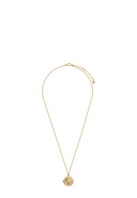 Collana d'oro con una catena delicata e un medaglione rotondo con disegni floreali e una superficie texturizzata. Lunghezza regolabile con chiusura a moschettone.