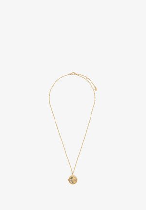 Gold necklace with a delicate chain and round locket featuring floral designs and a textured surface. Adjustable length with a clasp closure.
