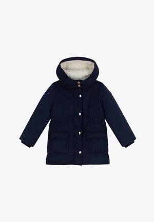 Parka bleu marine, isolée, avec une capuche doublée de fausse fourrure, deux poches avant et des boutons dorés, dotée d'un élastique à la taille pour un look ajusté.
