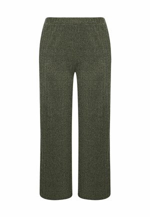 Knit trousers in dark green with a ribbed texture, featuring an elastic waistband and wide-leg silhouette for a relaxed fit.