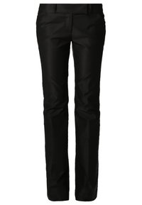 Svarta byxor med en slät, matt yta. Rak passform, två framfickor och platt midjeband, vilket ger ett skräddarsytt utseende.
