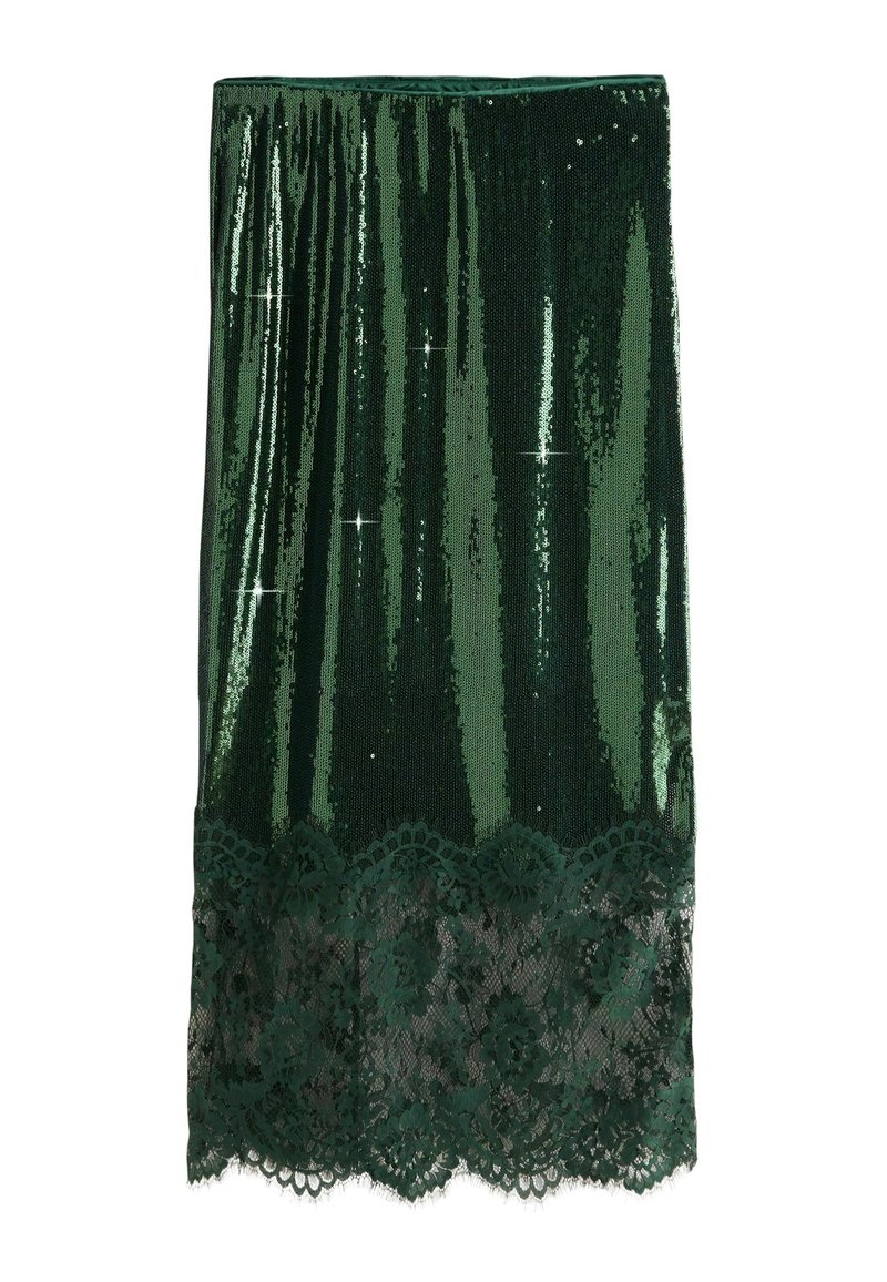 Jupe crayon vert foncé à sequins avec bordure en dentelle florale à l'ourlet.