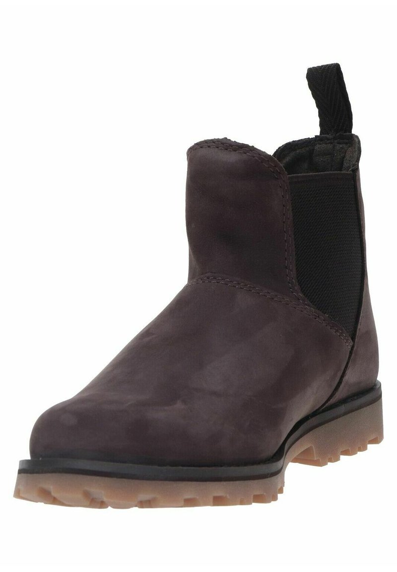 Bottine en cuir marron foncé avec panneaux latéraux élastiques, finition texturée, tirant pour un enfilage facile et une semelle en caoutchouc robuste. Présente un design bas.
