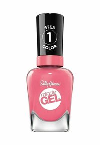 Sally Hansen Miracle Gel neglelak i pink, med en buet glasflaske og sort kapsel mærket "TRIN 1 FARVE" i hvid tekst.