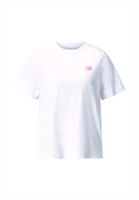White cotton t-shirt with short sleeves and a crew neck, featuring pink embroidered "CIAO" text on the left chest. Soft texture.
