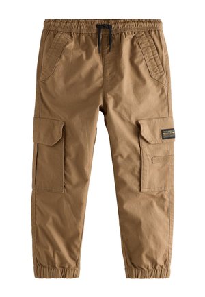Pantalon cargo marron avec taille et poignets élastiques, cordon, poches latérales à rabat, et étiquette sur la poche droite.