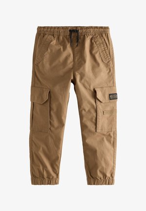 Pantalon cargo marron avec taille et poignets élastiques, cordon, poches latérales à rabat, et étiquette sur la poche droite.