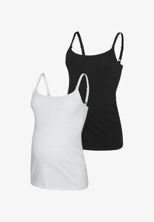 Du mokestiniai tankai, vienas juodas, kitas baltas, pagaminti iš minkštos medžiagos, su reguliuojamomis petnešomis ir prigludusia forma patogumui.