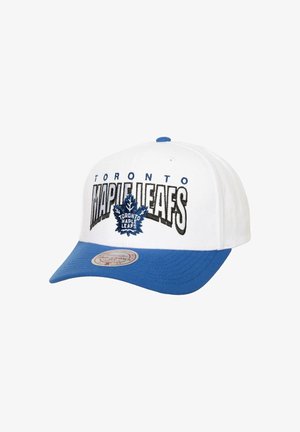 White cap with a blue visor, featuring "TORONTO MAPLE LEAFS" embroidered in black and blue, along with a blue maple leaf logo.