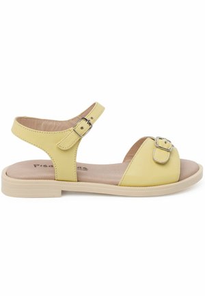 Yellow leather sandal with two adjustable straps, rounded toe, and light-colored rubber sole. Features a buckle detail on the upper strap.