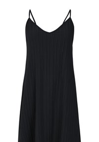 Robe noire sans manches avec un décolleté en V, fabriquée en tissu texturé présentant des rayures verticales. Fines bretelles avec une coupe décontractée.