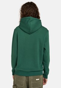 Sudadera verde con una capucha grande y estructurada. Presenta puños y cintura acanalados. Fabricada con una tela suave y texturizada. Vista trasera.