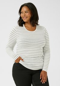 Long-sleeve ribbed top in light gray with darker gray stripes, featuring a round neckline and a slim fit. Visible side pocket detail.