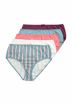 Pięć par bawełnianych majtek damskich ułożonych w stos, w jednolitych kolorach oraz jedna w niebieskie, białe i różowe pionowe paski, z małą kokardką z przodu.