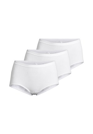 Three plain white women's cotton hipster underwear briefs arranged in a stacked row with scalloped waistbands.