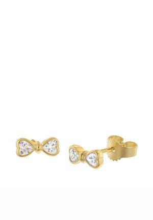 Gold stud earrings shaped like bows, each with two heart-shaped clear gemstones on a white background.