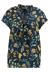 Blusa corta de manga corta en azul marino oscuro, con un lazo en el escote. Decorada con flores naranjas, amarillas y blancas, y hojas verdes.