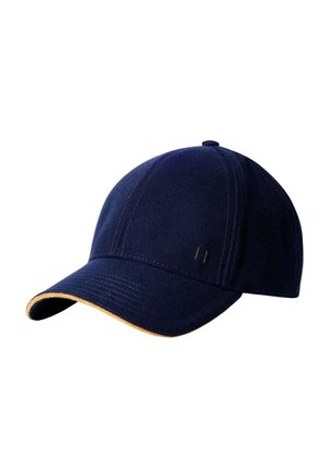 Navy blue baseball cap with a curved brim featuring a light tan edge and a small metallic "H" logo on the front panel.