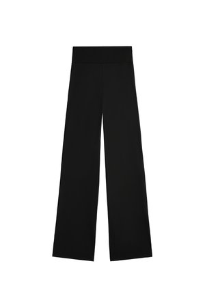 Pantaloni neri a gamba larga con vita alta, realizzati in tessuto morbido. Texture liscia e design minimalista, senza motivi o dettagli visibili.