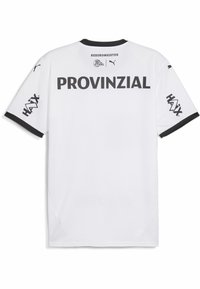 Weißes Sporttrikot mit schwarzen Akzenten, das das Wort "PROVINZIAL" deutlich auf dem Rücken trägt, sowie Logos auf den Schultern. Kurze Ärmel.