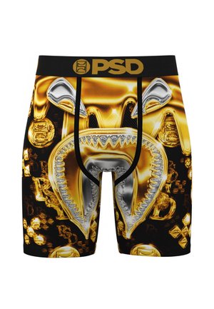 Sorte og gyldne boxer briefs med et metallisk hajansigt-design og PSD-logo på taljebåndet.