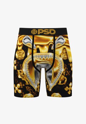 Boxers noirs et dorés avec un design métallique de visage de requin et logo PSD sur la ceinture.