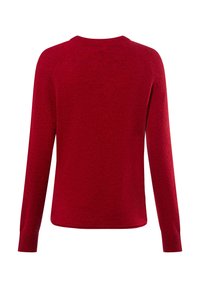 Roter Pullover mit langen Ärmeln, runder Ausschnitt und glatter Textur. Gerippte Bündchen und Saum betonen das Design.