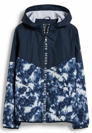 Granatowo-biała bluza z kapturem w stylu tie-dye z przednim zamkiem błyskawicznym, z napisem "UNLMTD SERIES" i dwoma przednimi kieszeniami.