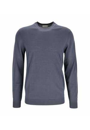 Pullover mit langen Ärmeln und Rundhalsausschnitt aus einfarbigem, gedämpft blau-grauem Strickstoff mit gerippten Bündchen und Saum.