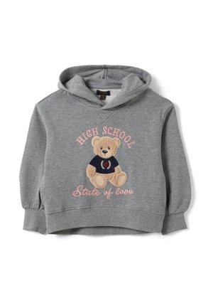 Sweat à capuche gris pour enfant avec un ours en peluche portant un t-shirt bleu marine, texte rose au-dessus et en-dessous indiquant "High School" et "State of love."