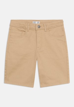 Shorts beige mi-longueur avec bouton à l'avant, fermeture éclair, passants pour ceinture et trois poches visibles.