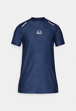 Navy blue short-sleeve sports t-shirt with white reflective stripes on shoulders and small white logo on chest.