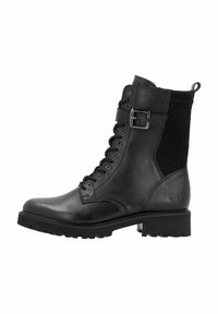 Botte de cheville en cuir noir avec un bout rond, un laçage à l'avant, un panneau élastique sur les côtés et une semelle en caoutchouc épaisse avec un petit talon.