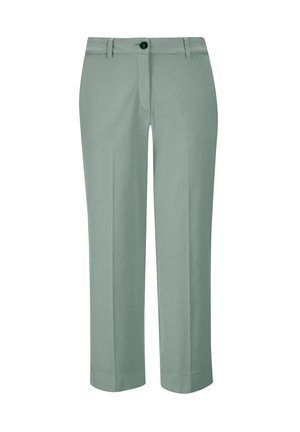 Hellgrüne Hose aus glattem Stoff, mit geradem Schnitt, Knopfverschluss und zwei vorderen Taschen. Sauberes, minimales Design.