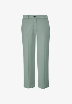 Hellgrüne Hose aus glattem Stoff, mit geradem Schnitt, Knopfverschluss und zwei vorderen Taschen. Sauberes, minimales Design.