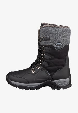 Schwarzer Winterstiefel mit einem grauen Filzkragen, synthetischem Obermaterial, Metallhaken zum Schnüren und einer strukturierten schwarzen Gummisohle mit grauen Akzenten.