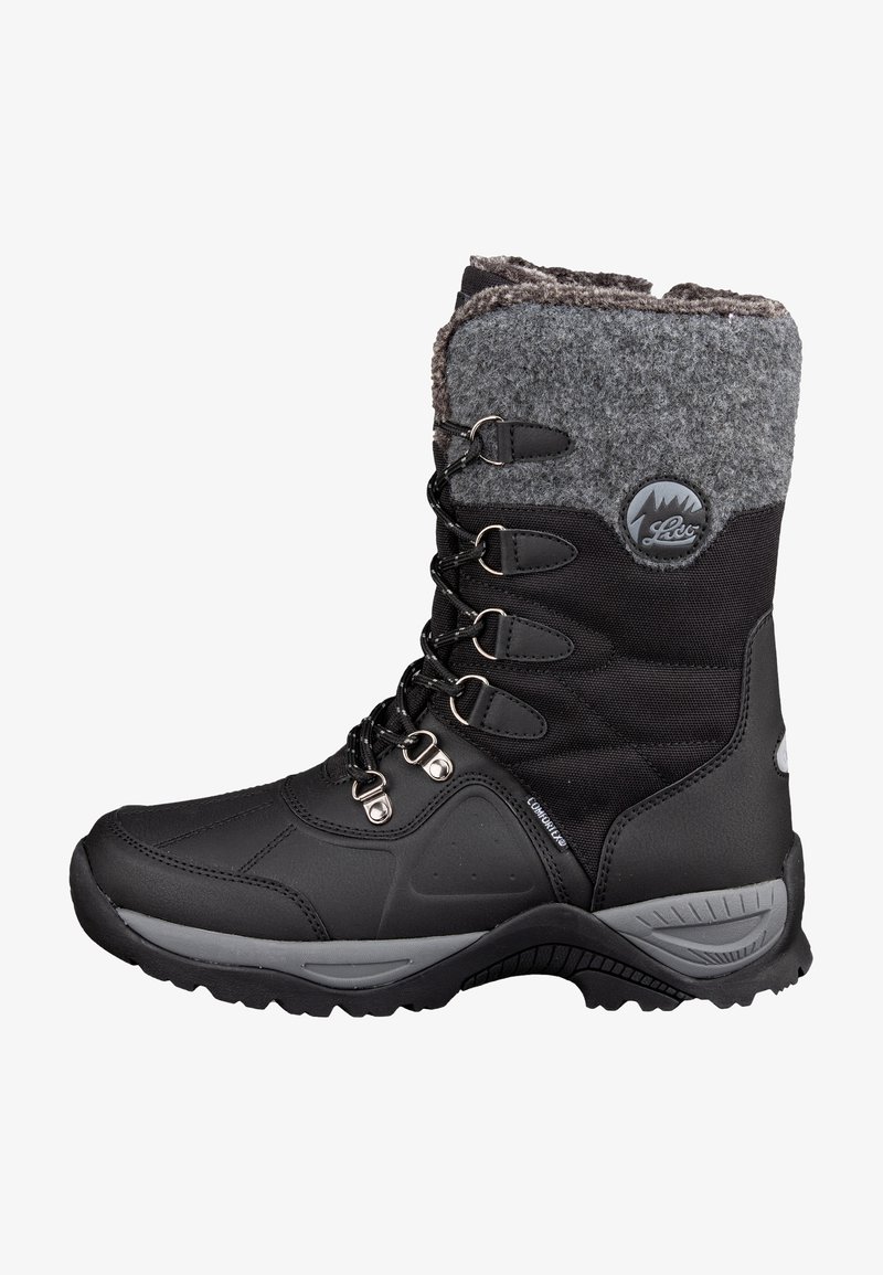 Black winter boot with a felt gray collar, synthetic upper, metal hooks for lacing, and a textured black rubber sole with gray accents.