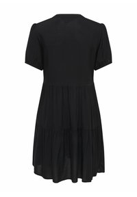 Robe midi noire à manches courtes avec jupe froncée à volants et manches légèrement bouffantes, vue de dos sur fond blanc.