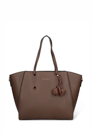 Borsa tote in pelle marrone con texture a grana grossa, design angolare, doppi manici e un dettaglio decorativo annodato sul lato.