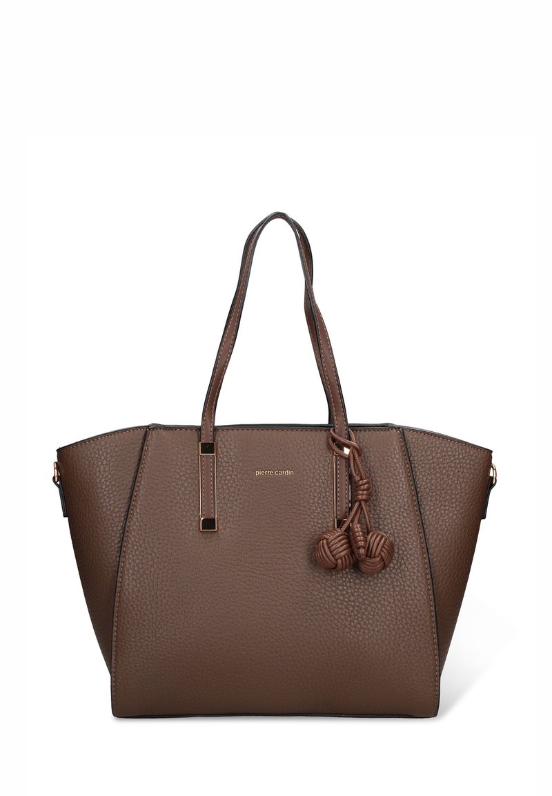 Borsa tote in pelle marrone con texture a grana grossa, design angolare, doppi manici e un dettaglio decorativo annodato sul lato.